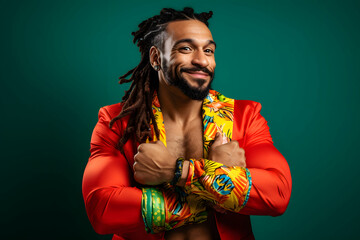 Brazilian man in vibrant Carnival costume, pondering adventures.