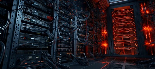 Dynamic and dramatic server room backdrop with network cables, lights, and copy space