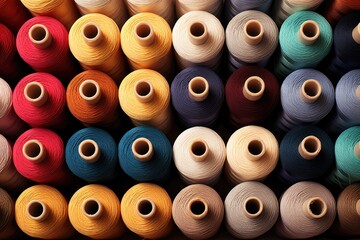 A collection of different colored spools of thread neatly lined up next to each other, showcasing a variety of options for sewing and crafting projects.