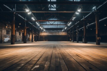 Spacious warehouse interior with industrial equipment, shelves, and storage boxes