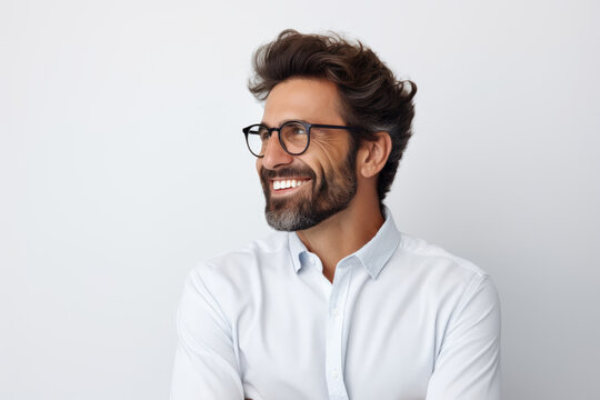 A middle-aged man with glasses and a thick beard smiling warmly at the camera, exuding positivity and confidence.