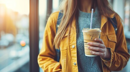 Cafe customer holding iced coffee with straw on blurred background, copy space available - Powered by Adobe