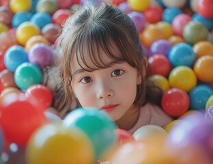 Fototapeta na wymiar Happy little girl playing in a colorful ball pit and looking at the camera in a fun and exciting children's play area