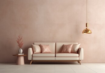 A contemporary living room featuring a white couch positioned against a pink accent wall. The room is minimally decorated with a sleek and stylish aesthetic.