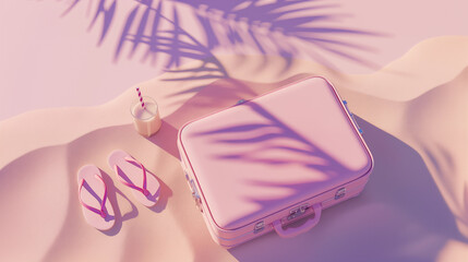 Pink travel suitcase, flip flops and shadows of a coconut leaves on the beach sand. Concept of summer vacation, leisure, travel, holiday, relaxing. Pastel beige and pink colors. - obrazy, fototapety, plakaty