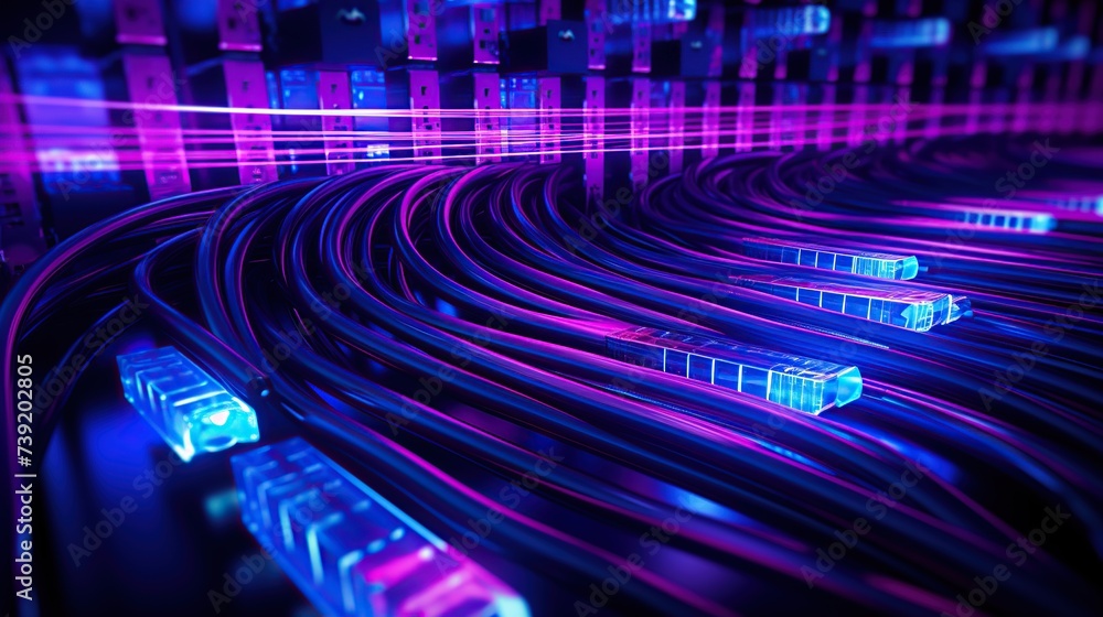 Aufkleber internet cables and crimper with colored neon light. network connection, data transfer and communica