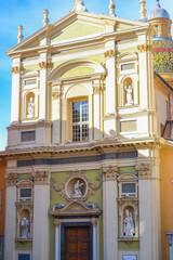 France, Nice, 11.02.2024: Nice Cathedral in the sun. The main facade of the building.