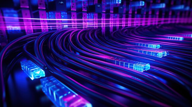 Internet cables and crimper with colored neon light. Network connection, data transfer and communication technology concept.
