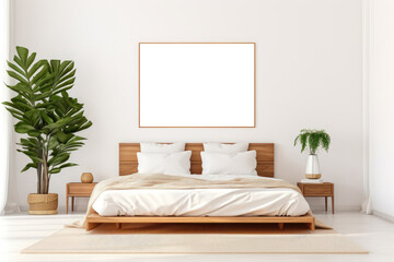A minimalist white bedroom featuring a neatly made bed and a potted plant, creating a clean and airy atmosphere.