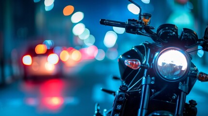 a close up of a motorcycle, blurred background