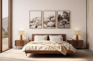 A simple bedroom with a comfortable bed and two pictures hanging on the wall.