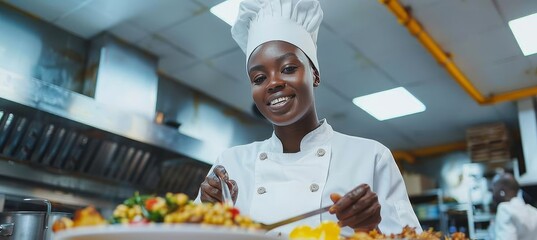 Female african and asian chef cooking in a professional kitchen with copy space for text