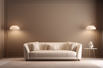 The image shows a modern living room with a comfortable couch and two lamps as the main features. The room appears cozy and inviting.