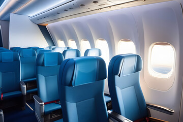 Fototapeta premium Inside an Airplane With Blue Seats