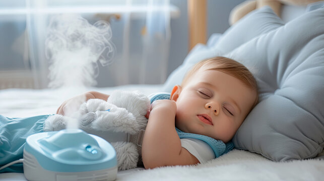 Little cute baby is sleeping soundly and the air humidifier is working in the room.