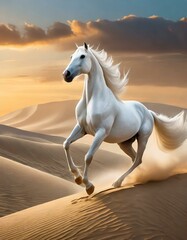 A Beautiful White Arabian Horse Riding On The Sand Dunes 