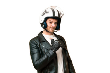 Brazilian man with a motorcycle helmet over isolated chroma key background proud and self-satisfied