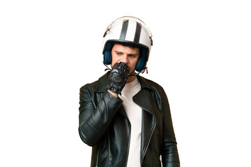 Brazilian man with a motorcycle helmet over isolated chroma key background having doubts