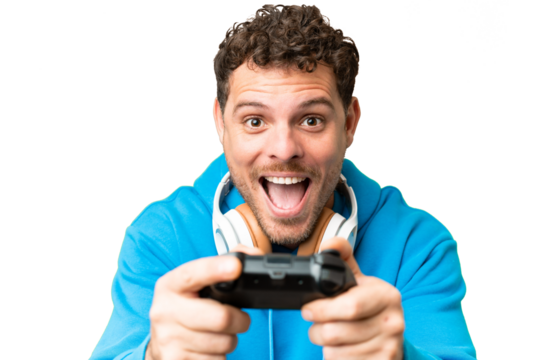 Brazilian man playing with a video game controller over isolated chroma key background