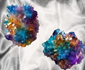 Two natural mineral  crystal clusters with a white powder-textured and satin background