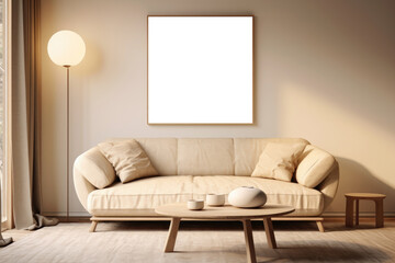 A living room featuring a white couch and a coffee table. The room is minimalistic in design, with clean lines and neutral colors.
