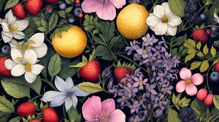 Watercolor Pattern of Flowers, Herbs, and Fruits