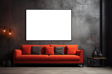 A contemporary living room featuring a vibrant red couch and a sleek white screen. The room is well-lit and stylishly decorated with a minimalist aesthetic.