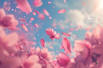 Sakura petals falling down. Cherry Blossom Petals. Romantic pink flowers falling rain. Flying petals on blue sky wide background. Love, romance concept. Likable wedding invitation.