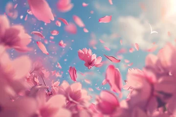 Fotobehang Sakura petals falling down. Cherry Blossom Petals. Romantic pink flowers falling rain. Flying petals on blue sky wide background. Love, romance concept. Likable wedding invitation. © Daniel