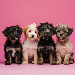 Group portrait of adorable puppies on pink background