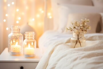 Cozy Bedroom Illuminated by Aromatic White Candles. Concept Bedroom Decor, White Candles, Cozy Ambiance, Aromatherapy, Relaxing Atmosphere
