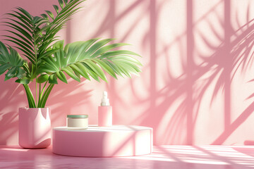 Cosmetic beauty product presentation with big tropical leaf monstera plant and sunlight shadows on the wall minimal scene