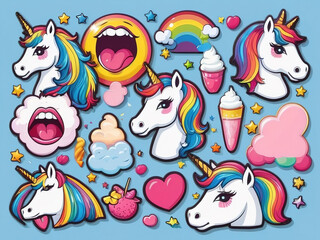 Vector set of cute cartoon unicorns, clouds, rainbow, ice cream, stars and other elements.