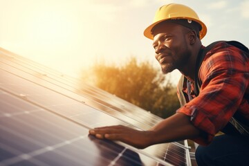 Technician works with solar panels in a field against a sunset background. The concept of environment, renewable sources, power generation, alternative energy and ecology. - 739206491