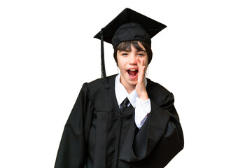 Little university girl over isolated background shouting with mouth wide open