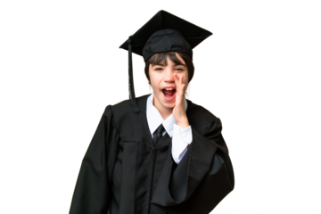 Little university girl over isolated background shouting with mouth wide open