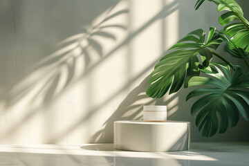 Cosmetic beauty product presentation with big tropical leaf monstera plant and sunlight shadows on the wall minimal scene