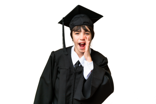 Little university girl over isolated background shouting with mouth wide open