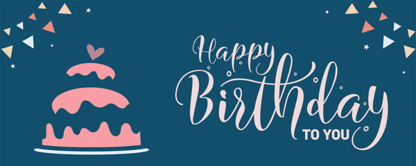 Happy Birthday banner with cake and party decoration. Birthday greeting card, poster, and celebration event background design. Vector illustration. © rjrujat