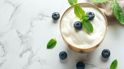 Fresh blueberries and yogurt on white background, top view for a healthy snack concept.