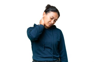 Young Uruguayan woman over isolated chroma key background with neckache