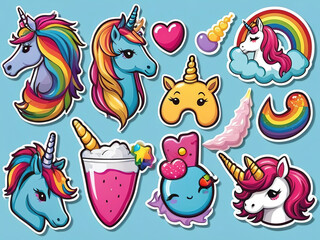 Fototapeta premium Set of cute unicorns, rainbow, ice cream and clouds illustration