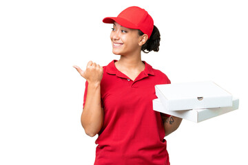 pizza delivery woman with work uniform picking up pizza boxes over isolated chroma key background...