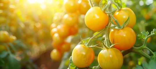Yellow tomatoes growing on bush in greenhouse, organic agriculture concept with copy space for text.