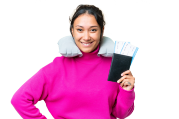 Young Uruguayan woman holding a passport over isolated chroma key background posing with arms at hip and smiling