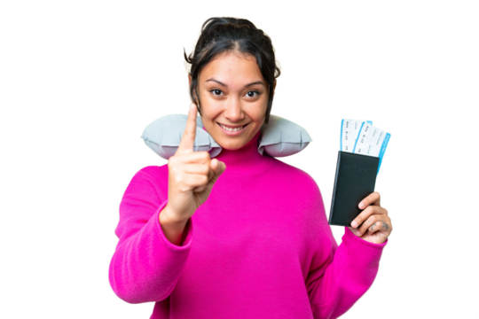 Young Uruguayan woman holding a passport over isolated chroma key background showing and lifting a finger