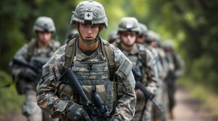 Fototapeta premium An organized and determined group of soldiers, clad in military camouflage and equipped with weapons, stands ready for combat in their protective helmets and ballistic vests