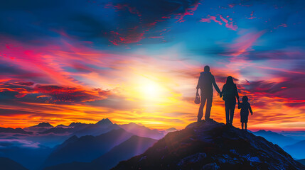Silhouette of a family standing together on mountaintop sunset background