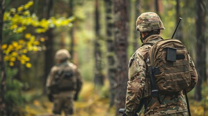 Obraz premium A tightly-knit group of camouflage-clad soldiers, armed with ranged weapons and donning military uniforms, navigate through the dense woods with precision and determination as they carry out their mi