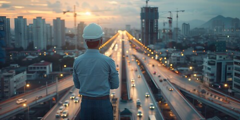 Engineer or construction worker with safety helmet and safety vest standing on top of the building with urban cityscape background. - obrazy, fototapety, plakaty